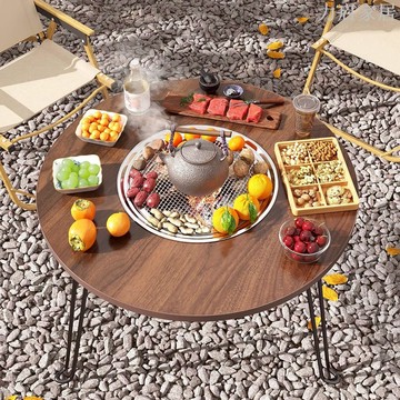 豪華圍爐煮茶桌可折疊茶幾戶外折疊桌小圓桌茶幾烤肉桌烤火木炭爐