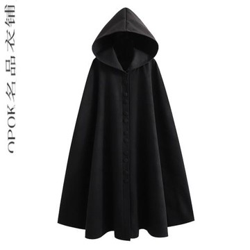 山本暗黑系大帽子毛呢外套女2022秋冬長款過膝情侶款連帽斗篷披風