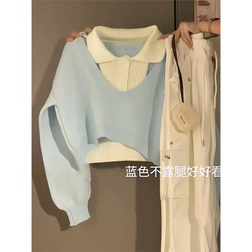 春秋韓系復古慵懶風奶藍色polo領毛衣女設計感兩件套針織衫上衣