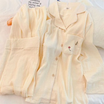 睡衣女春秋新款長袖嬰兒棉感韓版ins風簡約高級感刺繡小花家居服女生睡衣 可愛睡衣 卡通睡衣 居家睡衣  休閒睡衣 寬鬆睡