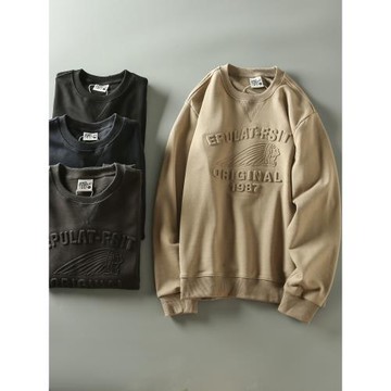 春秋新款 美式休閑立體壓印水洗毛圈男士運動休閑圓領套頭衛衣潮