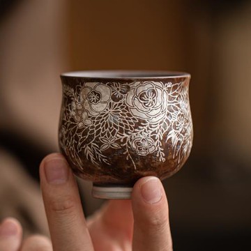 蘊華堂復古老巖泥繁花茶杯中式禪意陶瓷主人杯功夫茶具品茗杯單杯
