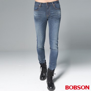 BOBSON 男款1971"日本進口黑標"中藍刷紋彈性褲
