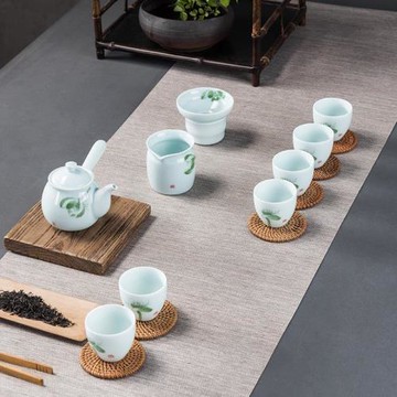 手繪功夫茶具套裝整套青瓷家用陶瓷茶杯蓋碗側把壺6人簡約套裝 郵