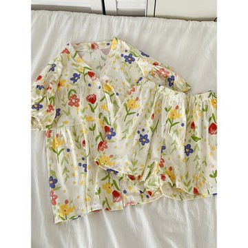 新中式碎花高級感開衫睡衣女春夏季新款短袖短褲家居服套裝可外穿
