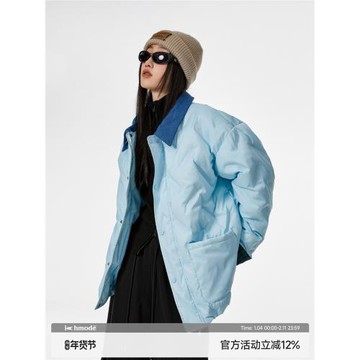 ICH MODE美式復古藍色棉服女2025新款秋冬季夾棉輕薄棉襖棉衣外套