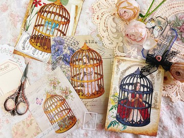 鳥籠/透明無光貼紙/水彩畫插圖