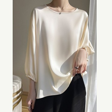 【巴黎精品】現貨+預購 緞面上衣法式絲綢絲質T恤七分袖上衣-圓領純色寬鬆休閒女上衣5色a1be65