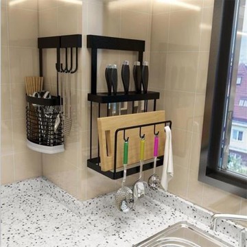 多功能廚房墻壁刀架案板置物架壁掛式免打孔碗筷子籠刀具菜板收納