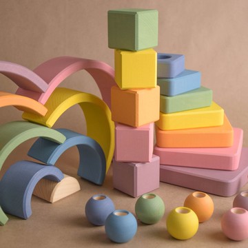 木製蒙台梭利嬰兒玩具套裝粉彩：積木、彩虹、繫帶、疊環器