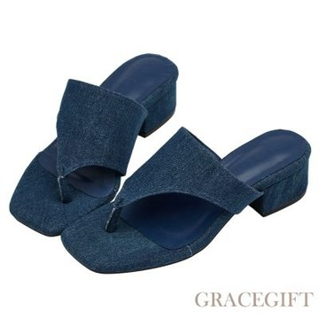 【Grace Gift】極簡美學柔感人字中跟拖鞋 牛仔