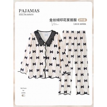 小香風時尚金絲絨睡衣女2026年新款春秋長袖甜美鉆石絨家居服套裝