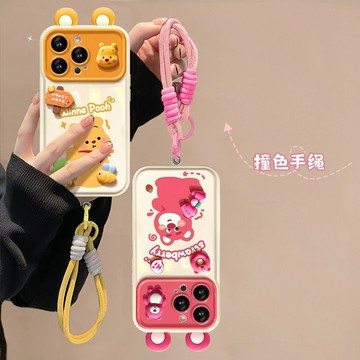 i16黃色維尼送掛繩翻蓋鏡子可愛草莓熊防摔手機殼適用蘋果iPhone16 15 14 13 12 11ProMax保護殼