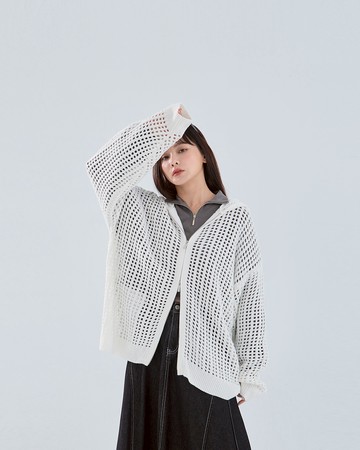 中性雙頭拉鍊簍空針織連帽外套 四色售