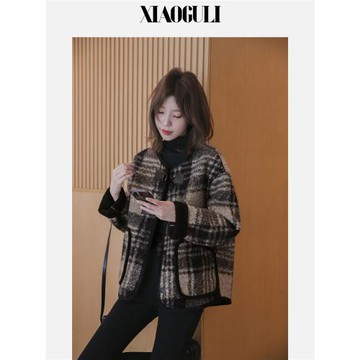 (免運)小谷粒格紋短款外套女設計感2024秋冬新款圓領毛呢加厚保暖上衣