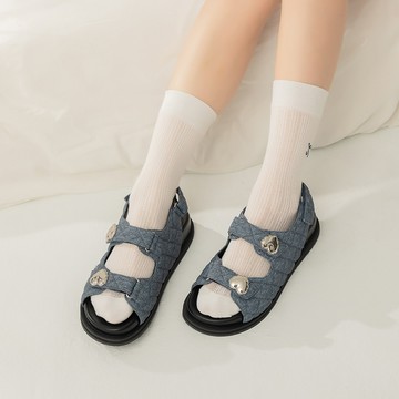 (36.39.40最後一雙)(原價1780)大愛心釦菱格小香風牛仔厚底涼鞋 深藍 FS92DB