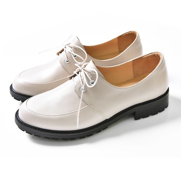 全真皮綁帶寬楦厚底樂福鞋-米白色