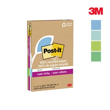 3M 利貼狠黏100%環保再生紙-4x6橫格便條紙(45張x4本)-藍綠色系