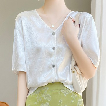 現貨+預購 絲質襯衫絲質上衣緞面五分袖襯衫法式絲綢襯衫盪領OL女裝天絲純色上衣-V領2色74lc53【獨家進口】【米蘭精品】