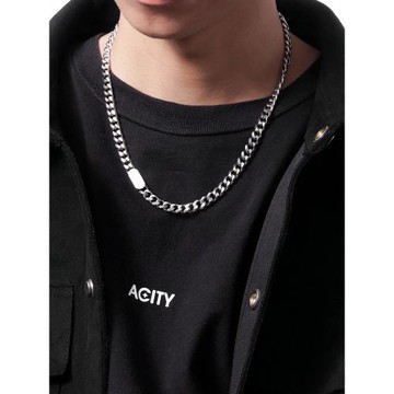 ACITY喜城簡約方牌光面項鏈男嘻哈古巴鏈ins小眾設計鈦鋼鎖骨鏈女