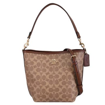 COACH CT800 滿版印花LOGO皮革兩用小號水桶包.駝/咖邊