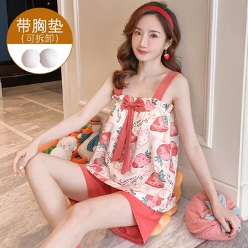 吊帶套裝睡衣女夏背心帶胸墊薄款純棉學生性感可愛胖MM大碼200斤