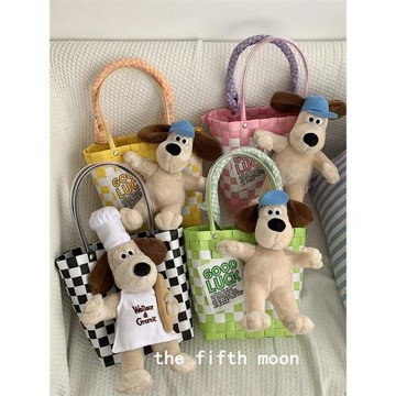 thefifthmoon可愛趣味卡通掌門狗迷你棋盤格手工編織籃手拎小籃子