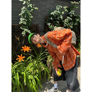 EAHO美式復古橙色格紋長袖襯衫男女寬松百搭休閑高街新款情侶襯衣