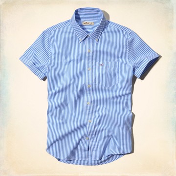 美國百分百【全新真品】Hollister Co. 襯衫 HCO 短袖 上衣 海鷗 天藍 條紋 Logo 口袋 男 M L號