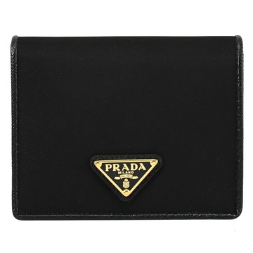 PRADA 1MV204 三角LOGO尼龍皮飾邊扣式短夾.黑