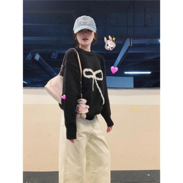 原創毛絨蝴蝶結黑色套頭毛衣女秋冬季慵懶風設計感百搭針織衫上衣