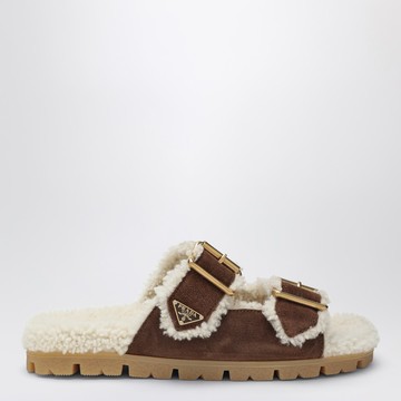 Brown suede and shearling slides
