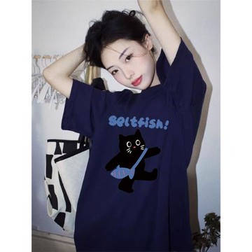 藏青色純棉短袖t恤女夏季2025年新款美式寬松潮牌體恤半袖上衣服