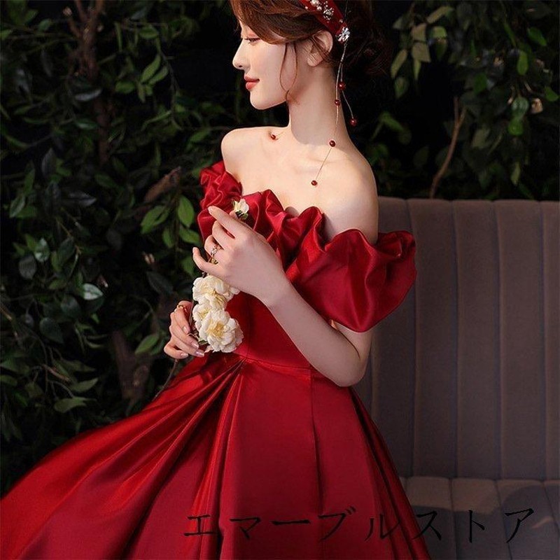 イブニングドレスオフショルダーサテンドレスワイン赤結婚式ドレス