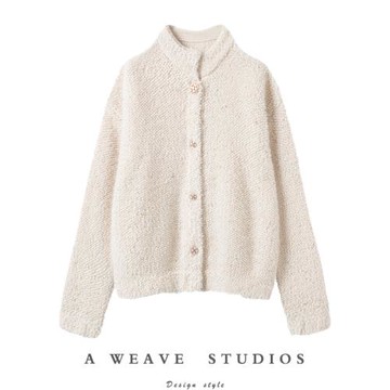 優雅香風高顏值！2024年秋冬新款立領銀絲純山羊絨針織開衫外套