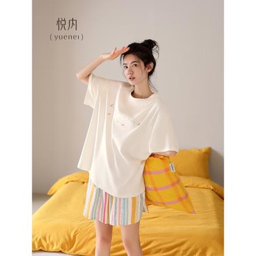 (免運)悅內帶胸墊一體睡衣女款夏季夏天短袖短褲純棉家居服時尚字母薄款