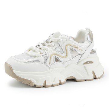 TAS 舒適透氣簍空真皮綁帶厚底休閒鞋 白+金 #44720