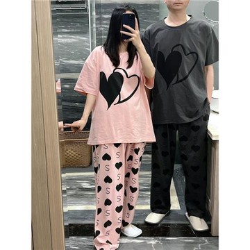 短袖情侶睡衣薄款純棉甜美愛心印花家居服大碼胖mm200斤長褲套裝