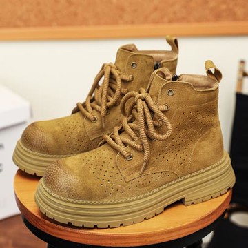 2025年夏季新款鏤空透氣情侶馬丁靴男士百搭厚底增高工裝靴戶外靴