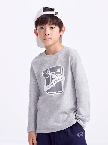 兒童裝 Logo純棉印花圓領長袖T恤(1-14歲)-灰色