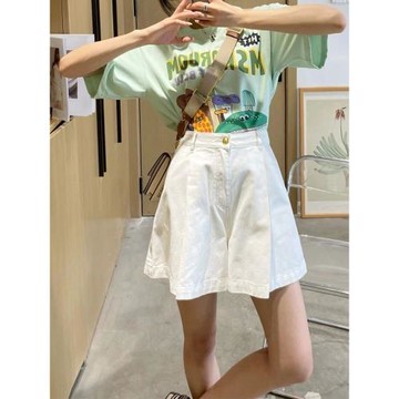 米白色五分闊腿牛仔褲女夏2024新款高腰寬松顯瘦獨特別致a字短褲