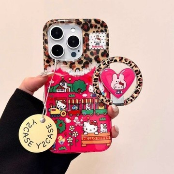 卡通豹紋火車KT貓咪摺疊 磁吸支撐架 於iphone16promax蘋果14手機支架