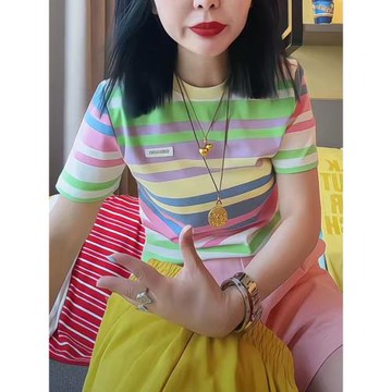 高級感彩虹條紋字母短袖t恤女士夏季2025年新款正肩上衣爆款體恤