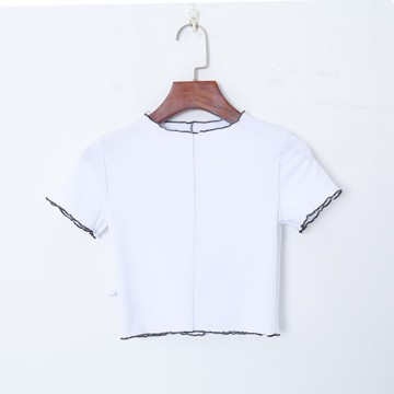 春季女裝韓版撞色木耳飾邊圓領套頭短袖修身顯瘦彈力短款T恤