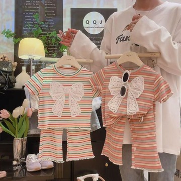 mori🎀mori女童短袖t恤條紋蝴蝶結夏季韓版套裝女孩夏裝衣服兩件套