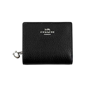 COACH黑色荔枝紋皮革C字拉鍊袋釦式雙摺短夾