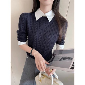 PINKEEN藏青色polo領假兩件針織衫女春季2025新時尚通勤百搭毛衣