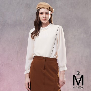 🍂限時5折【MA】不對襯花邊造型檔片雪紡上衣-米