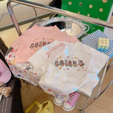 🎀biubiu童裝🎀小邋遢夏季純棉女童卡通小馬仿刺繡扎染短袖t恤兒童設計感上衣ins
