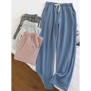 情侶雙面德絨睡褲女秋冬磨毛薄絨保暖巧克粒格男士直筒家居長褲